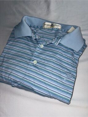 Fairway & Greene Light Blue Striped Golf Polo with Navy & Green Accents